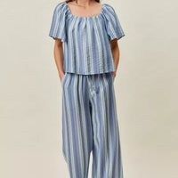 Blue and white vertical stripe wide-leg pants with pull-on waist