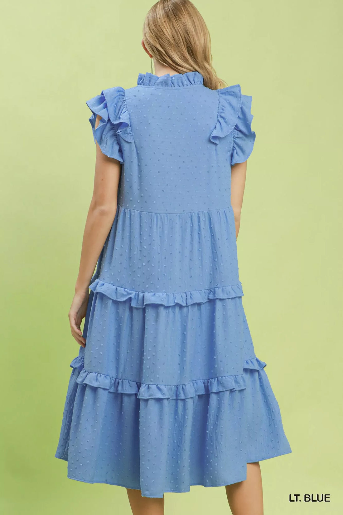 Light blue tiered midi dress with layered ruffle skirt and back view