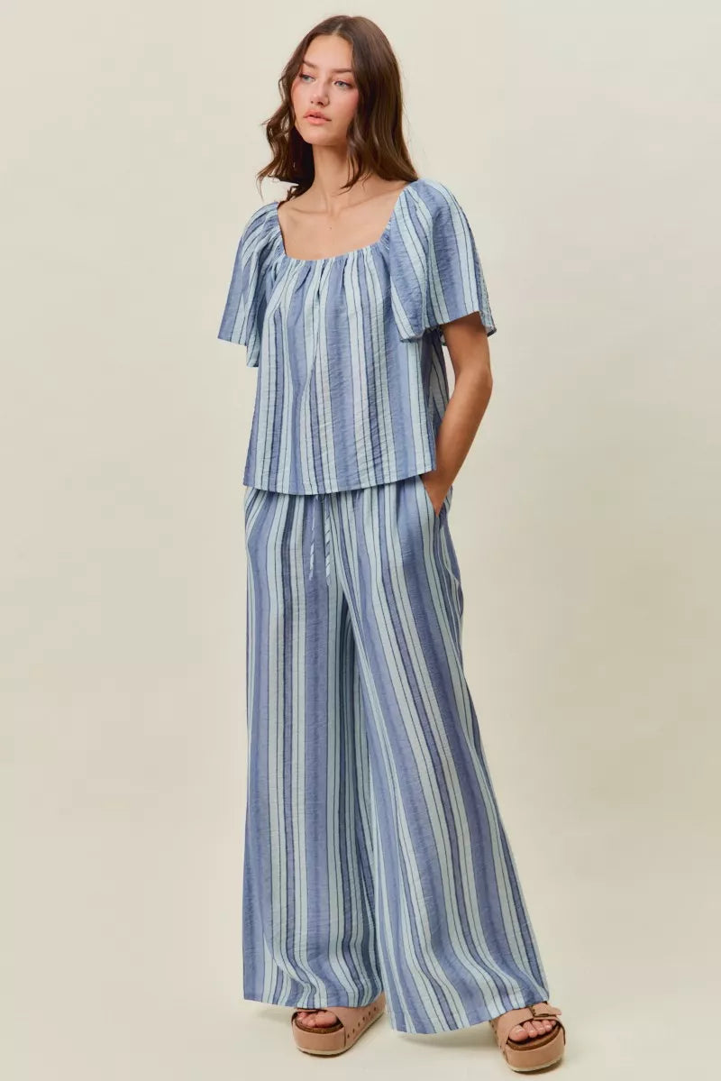 Blue and white vertical stripe wide-leg pull-on pants with elastic waistband