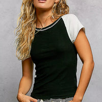 Black round-neck T-shirt with ivory contrast raglan sleeves and outseam detail