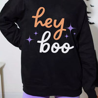 Black Halloween sweatshirt with 'hey boo' text and star accents, crew neck
