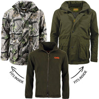 Game EN206 Stealth Fleece green zip jacket shown fitted inside camouflage and olive outer jackets