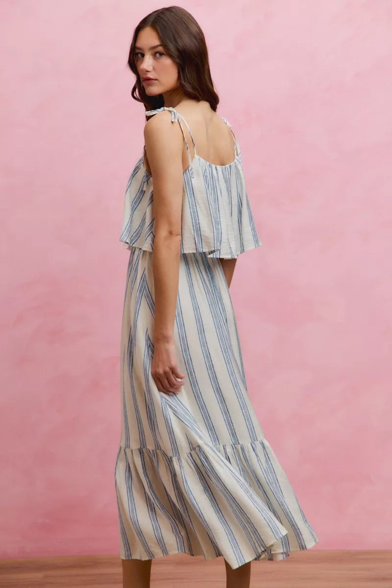 Lined midi dress with blue-and-white vertical stripes, tiered shoulder ties, tiered skirt