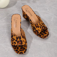 Leopard print suede slide sandals, block heel, open toe, caramel and brown spots
