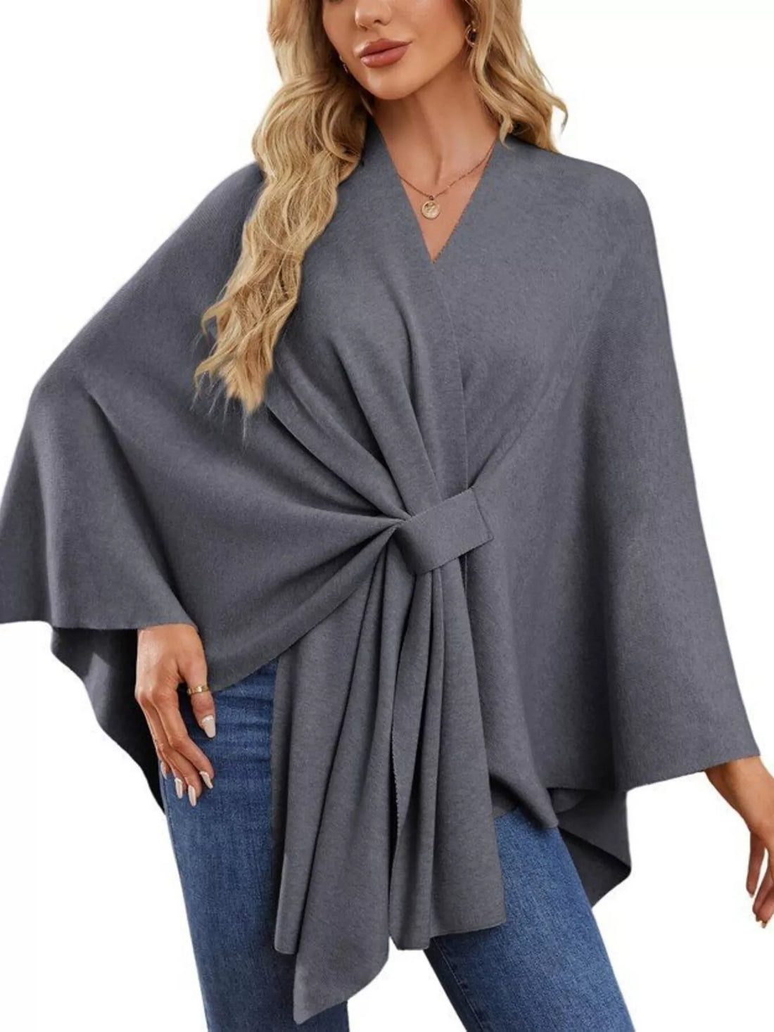 Dark gray women’s cape shawl with front tie knot and flowing poncho drape