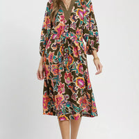 Belted midi dress with V-neck, long sleeves, dark olive multicolor floral print