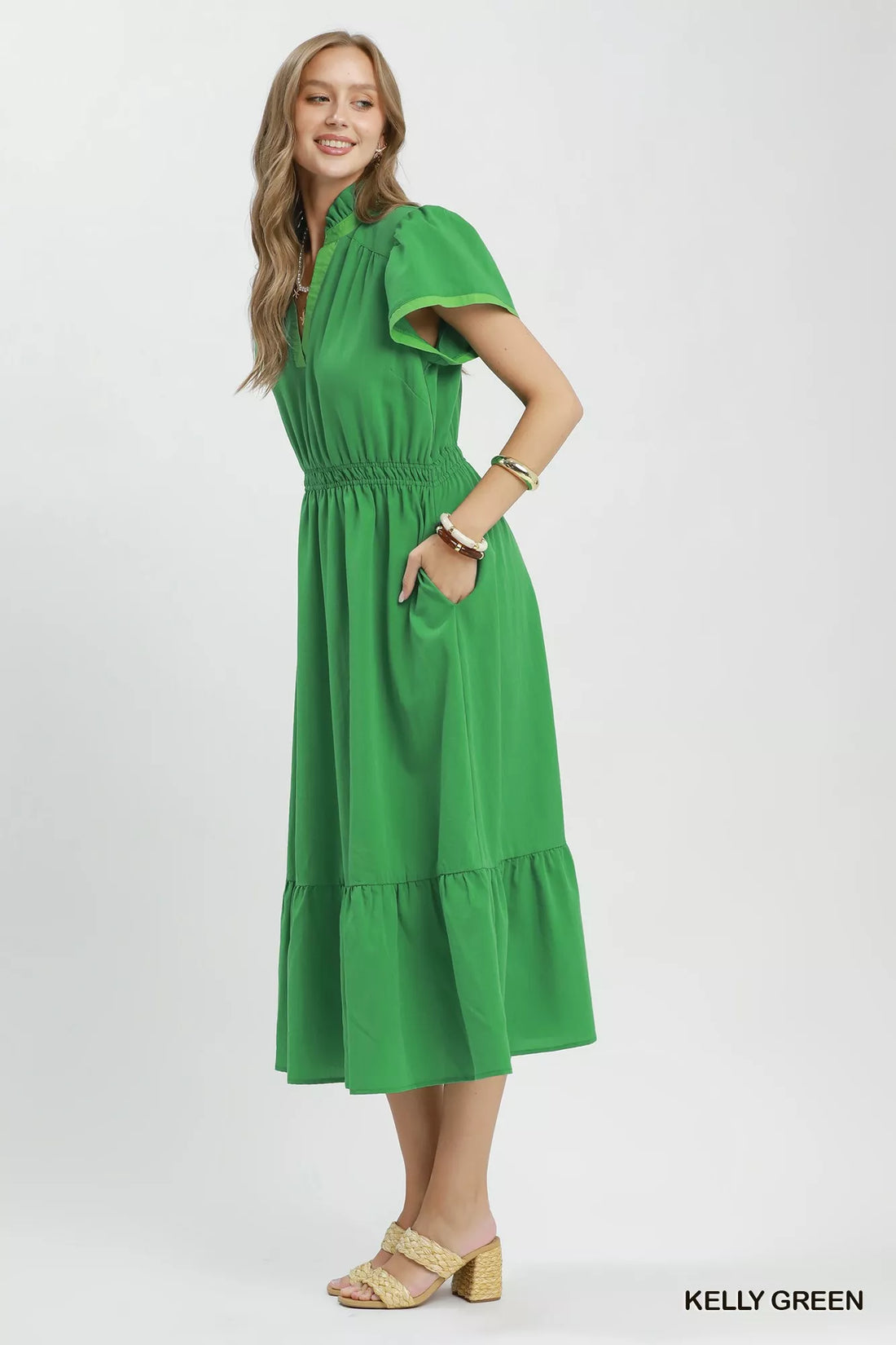 Kelly green midi dress with V-neck, flutter sleeves, smocked waist, tiered ruffle hem