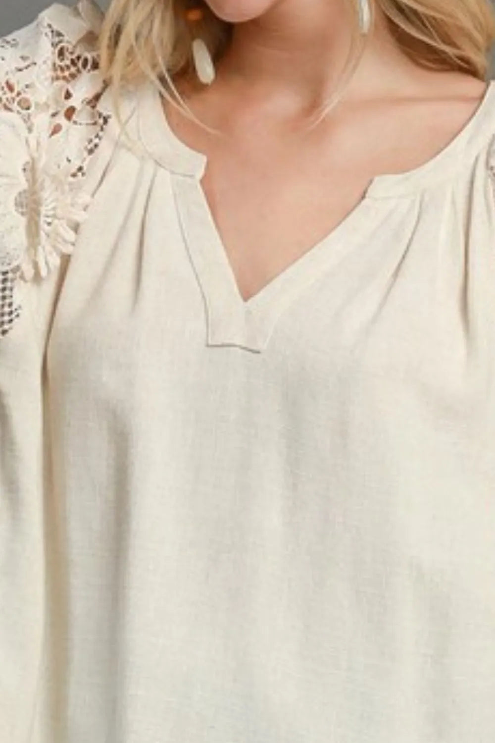 Oatmeal french terry V-neck boxy top with lace-trimmed sleeves