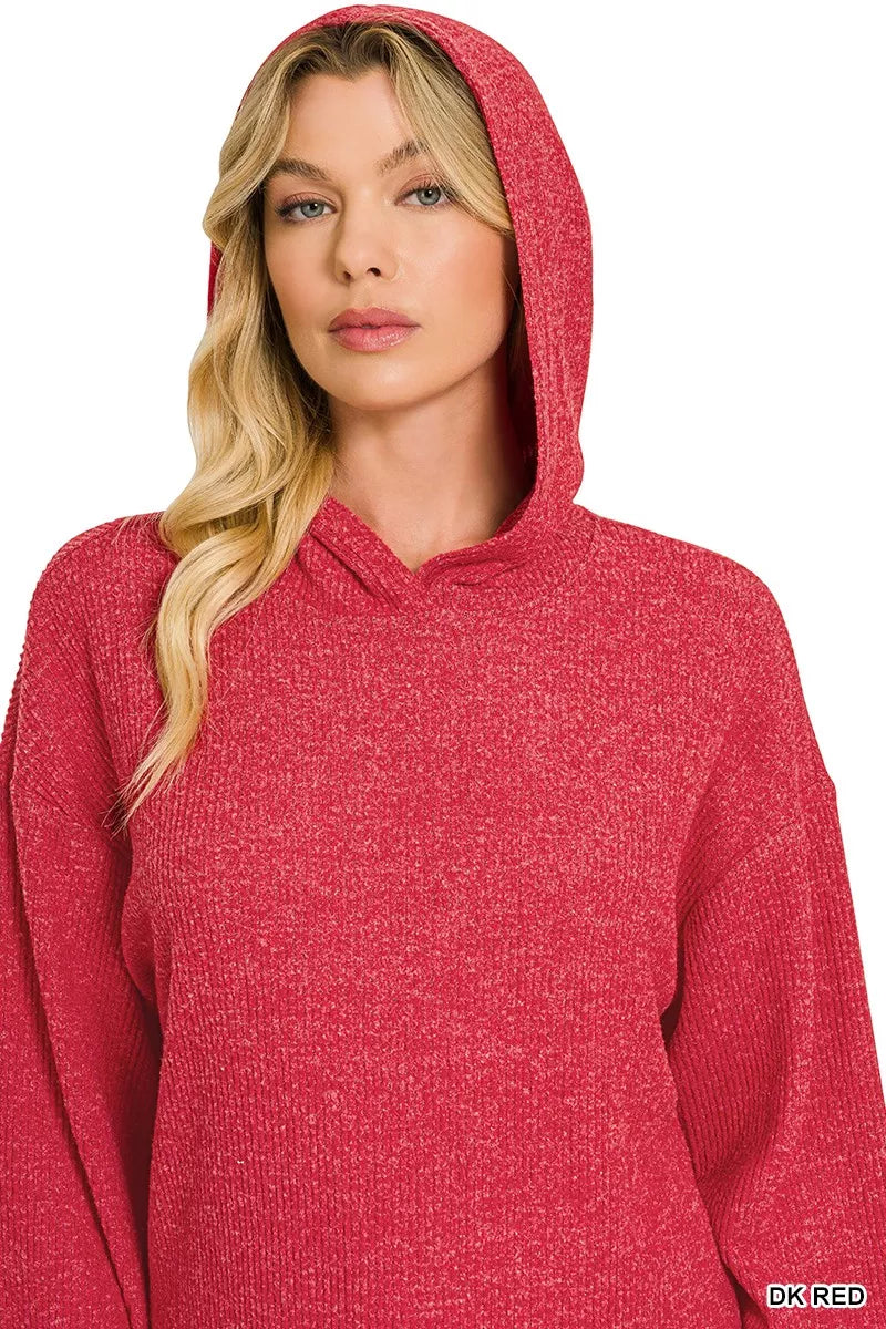 Red heather pullover hoodie with drawstring hood and kangaroo pocket