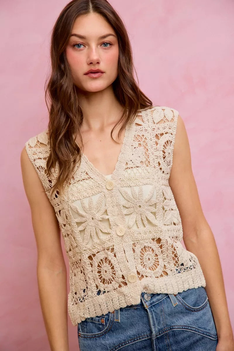 Natural crochet sleeveless vest top with V-neck, button front, and floral square crochet