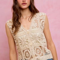 Natural crochet sleeveless vest top with V-neck, button front, and floral square crochet