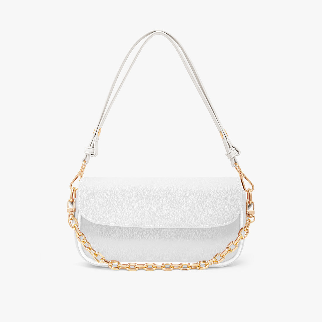 White mini shoulder bag with gold chain strap and top flap closure.