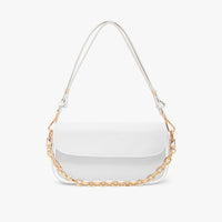 White mini shoulder bag with gold chain strap and top flap closure.
