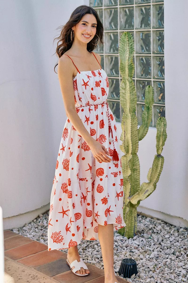 Red shell print tiered midi cami dress with belt, spaghetti straps, sleeveless, lined