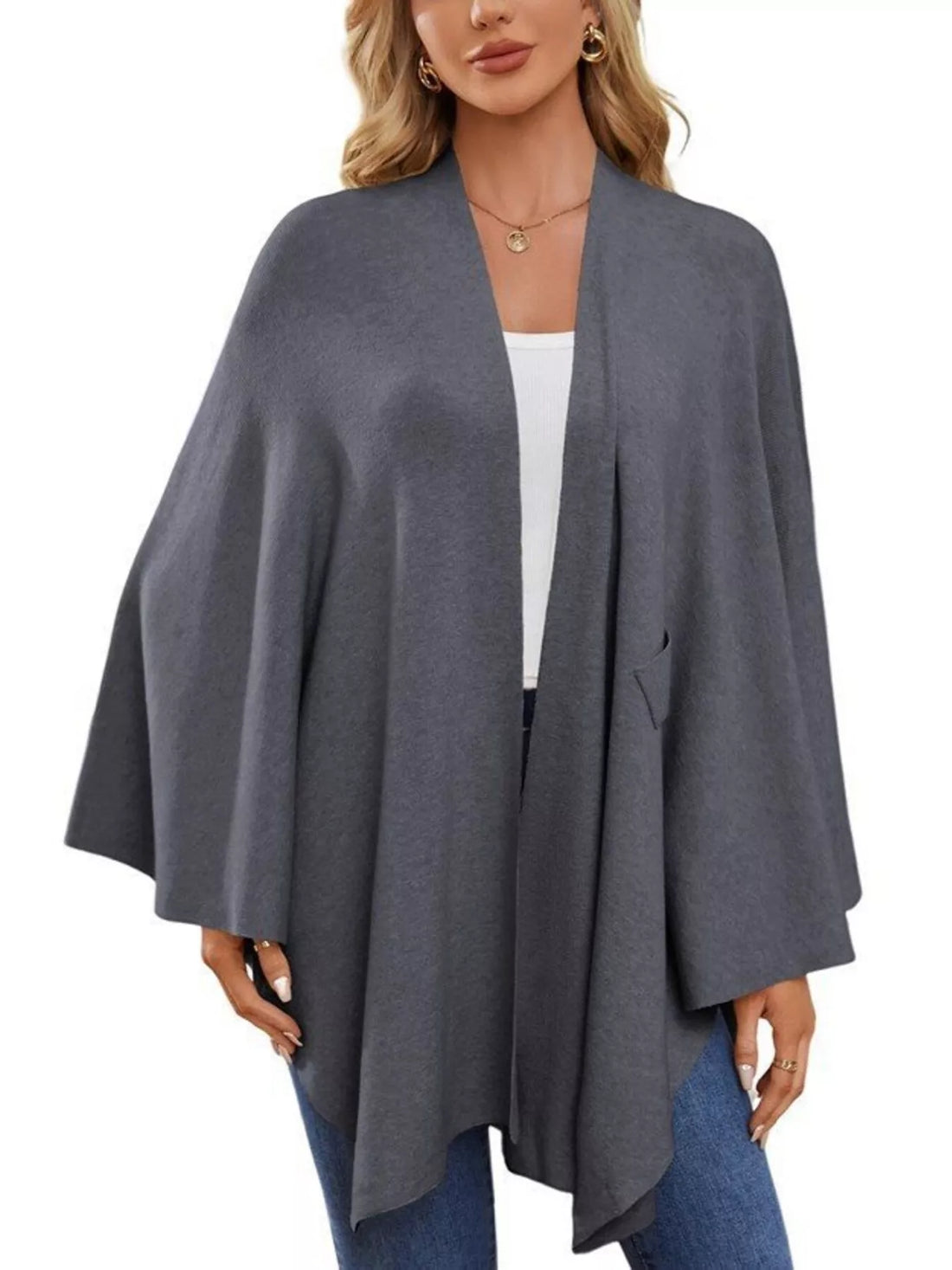 Dark gray cape shawl with open front, draped sleeves, and side pocket detail