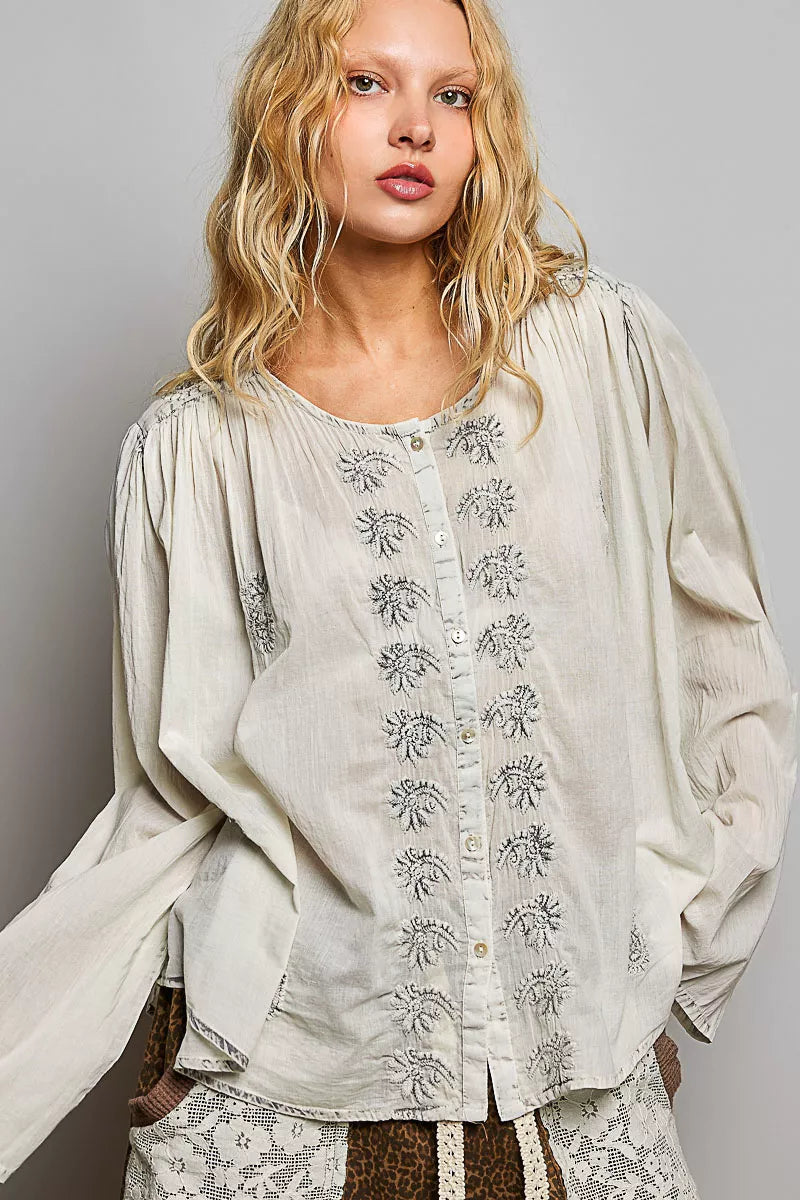 Embroidered pale grey button-front woven shirt with floral motifs, long puff sleeves