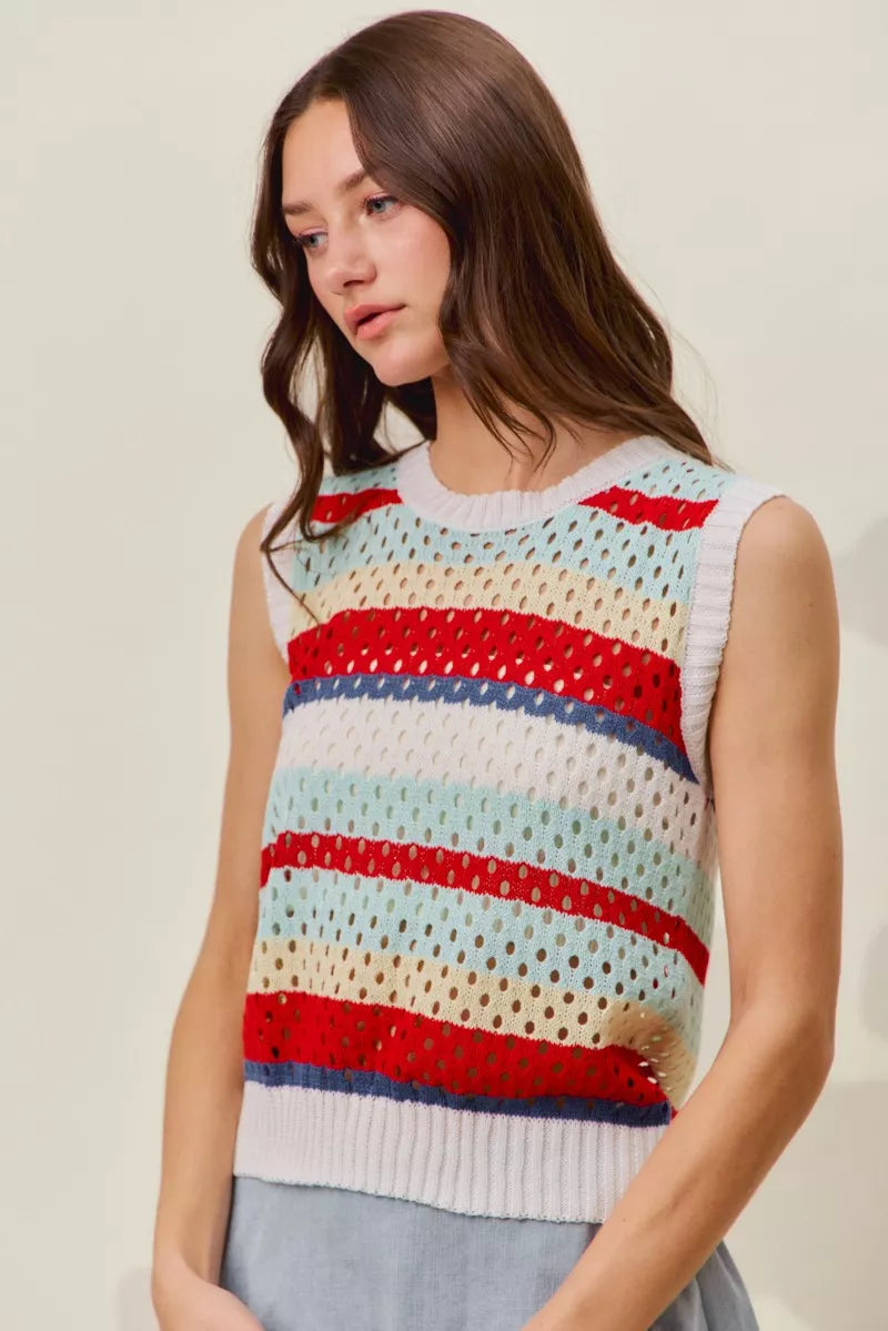 Women’s sweater knit tank top, front view with red and navy stripe accents
