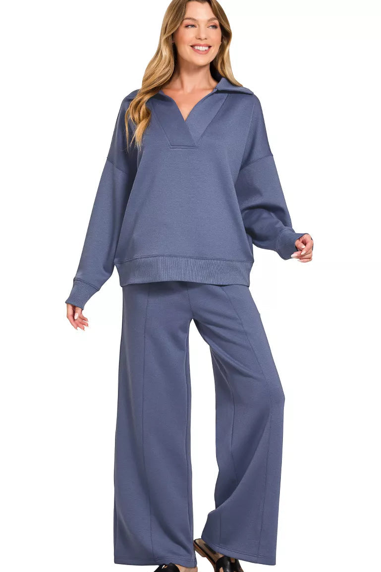 Blue indigo collared pullover with wide-leg center-seam pants set