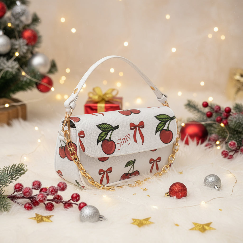 Cherry Christmas Underarm Bag – Red PU Leather Shoulder Purse with Chain Strap | Small Holiday Handbag | Festive Gift for Her