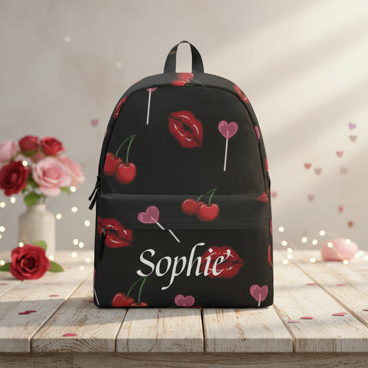 Canvas Backpack, Personalised Bag, Fun Work Gift for Her, Cherry Lips Personalized Name Rucksack