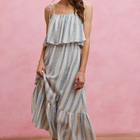 Sleeveless striped midi dress with tiered ruffle skirt and tie shoulder straps, blue and white