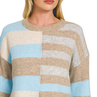 Lightweight color block sweater, sky blue and beige with white stripe blocks