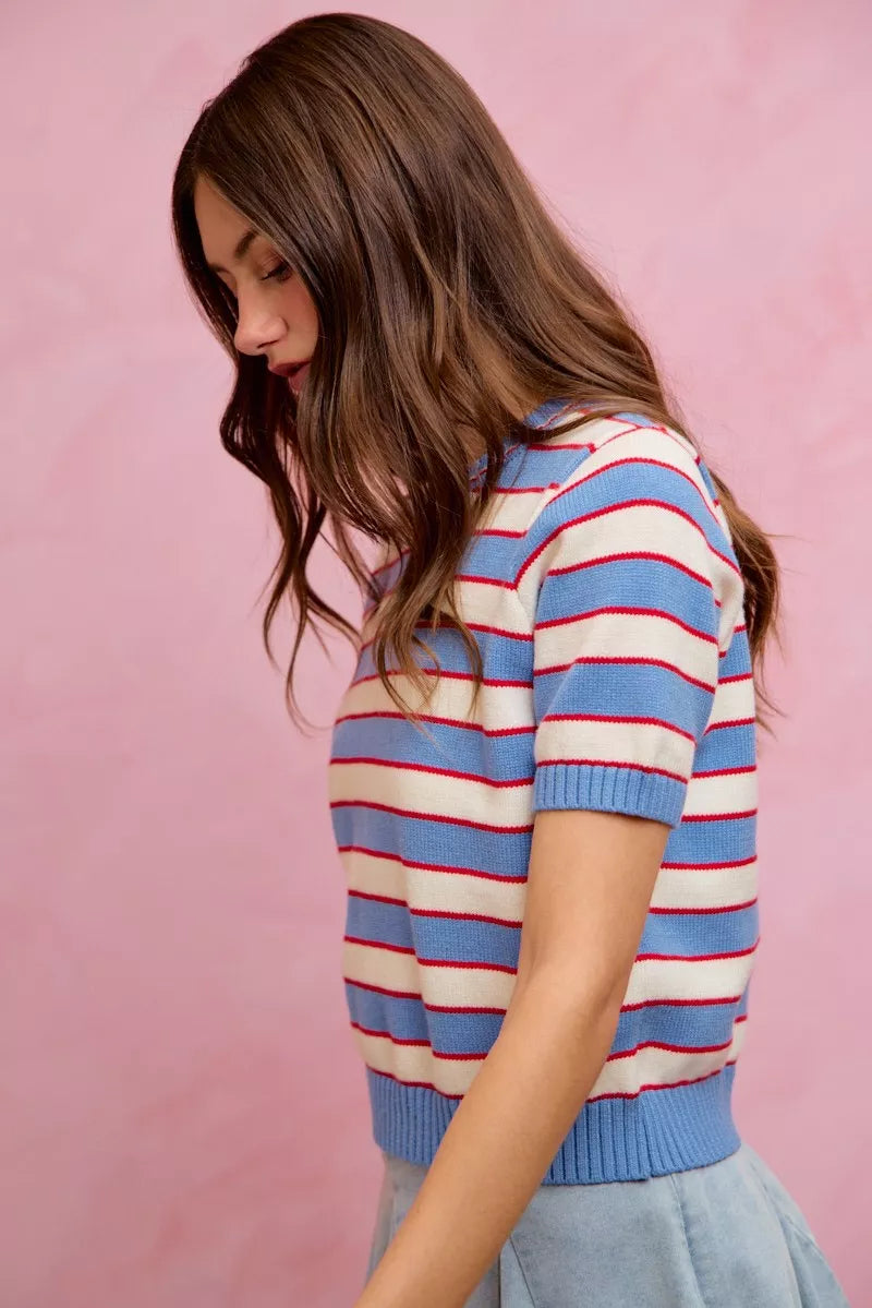 Striped knit crew neck short-sleeve sweater top, side view with red/white stripes on blue
