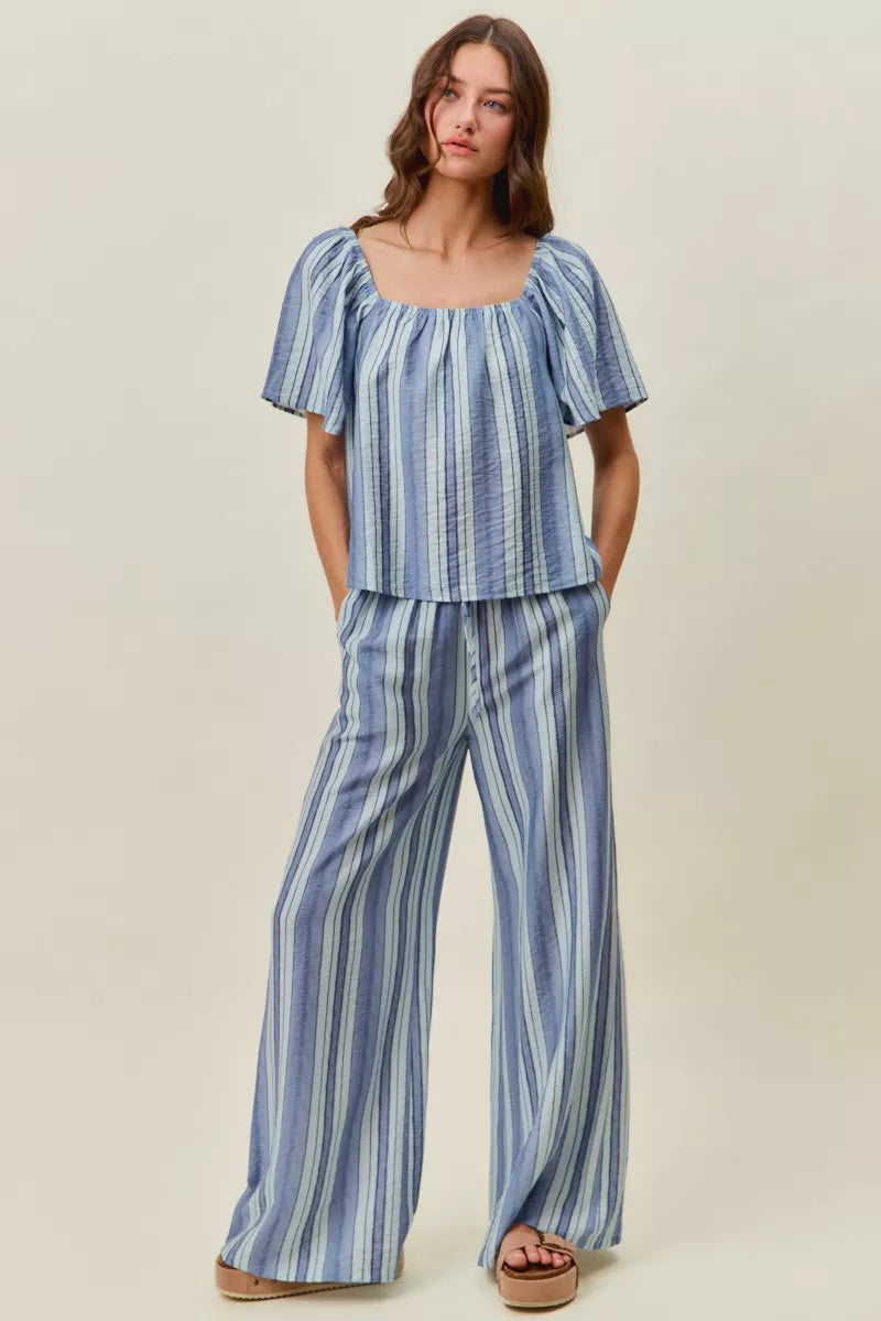 Blue striped wide-leg pull-on pants, full length with elastic waist