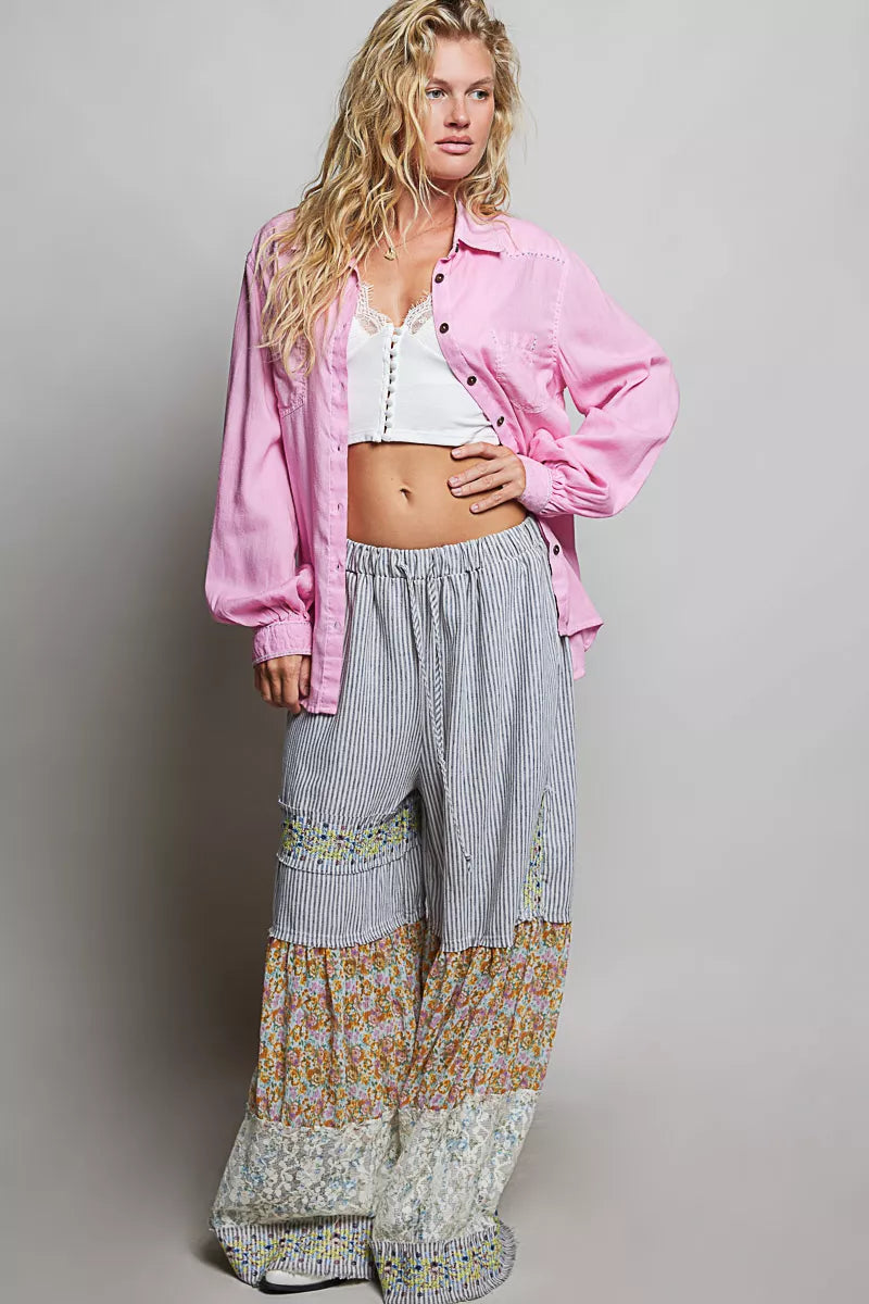 Candy pink washed textured cotton western button-front shirt worn open