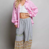 Candy pink washed textured cotton western button-front shirt worn open
