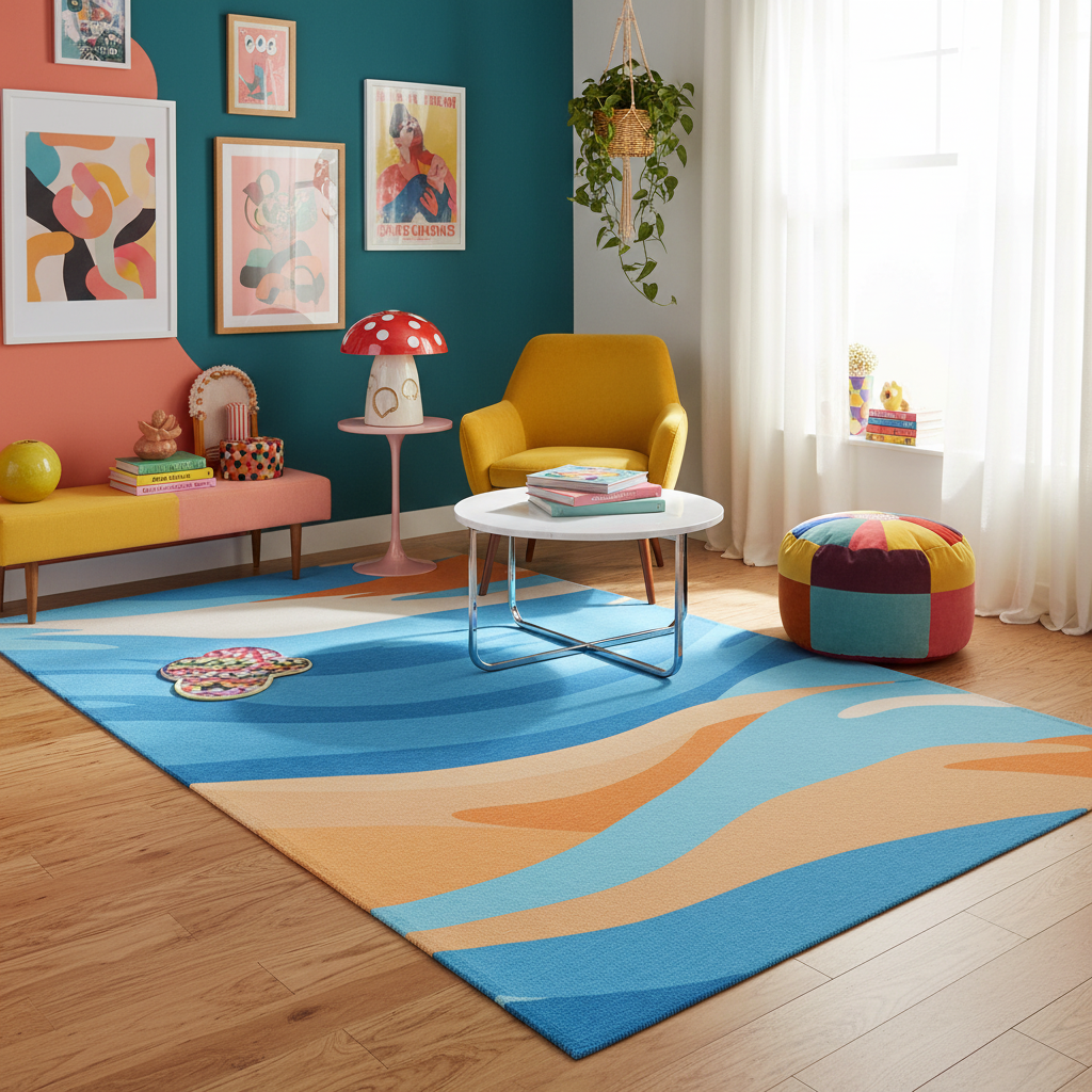 Abstract geometric rug with a blue field and orange curves, corner edge visible.