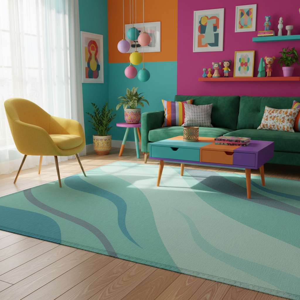 Large rectangular rug in light blue and sage green with bold wave pattern