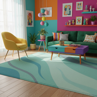 Large rectangular rug in light blue and sage green with bold wave pattern