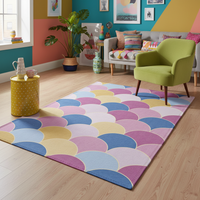 Rectangular rug with scallop arc design in purple, blue, yellow, and cream.