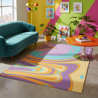 Geometric abstract rug in yellow, purple, and orange with curved lines