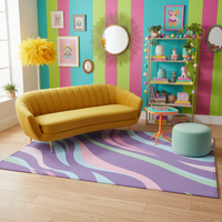 Lavender purple wavy geometric rug with mint and green bands, rectangular.