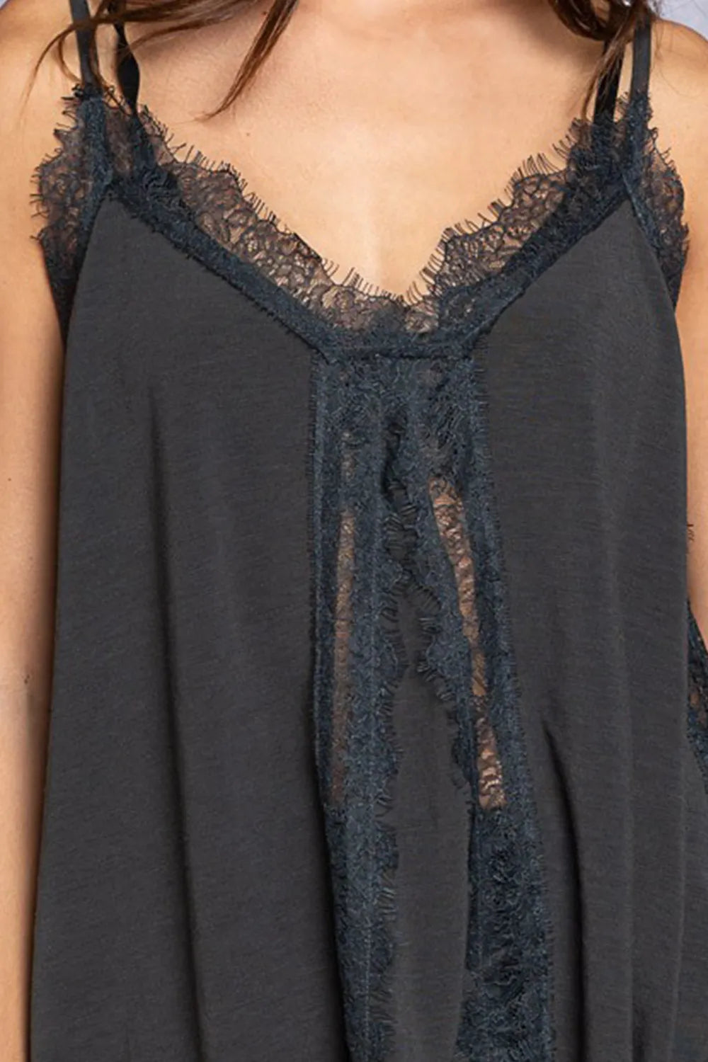Dark gray V-neck cami with lace panel detail and scalloped trim
