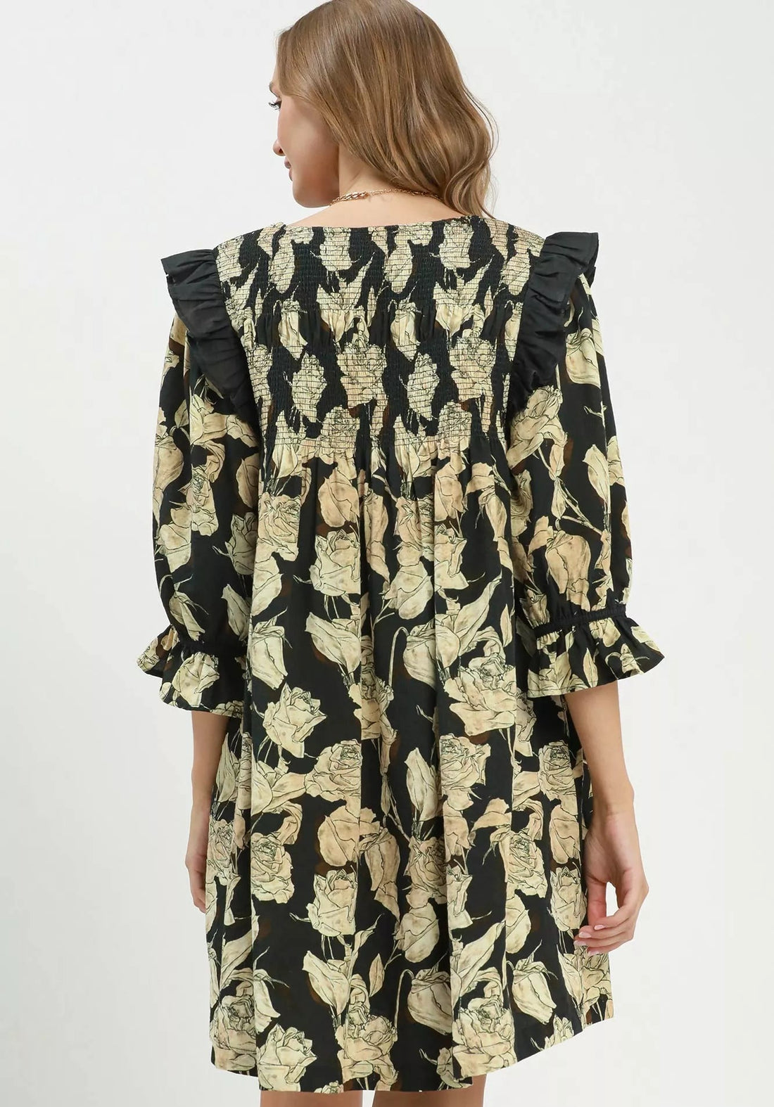 Black-and-cream floral ruffle-sleeve dress with smocked back yoke