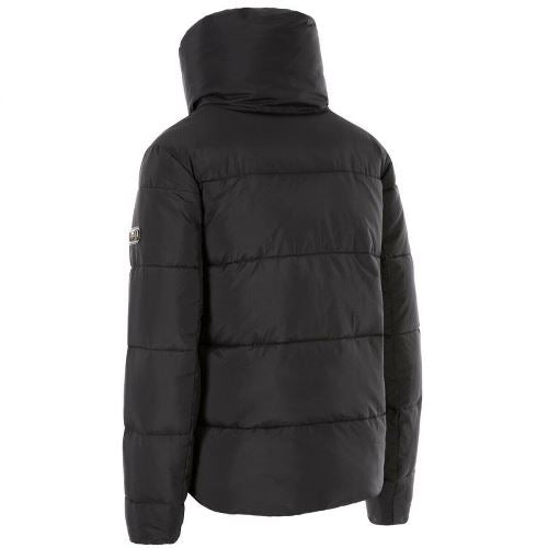 Back view of the black padded jacket with a deep collar and horizontal quilting
