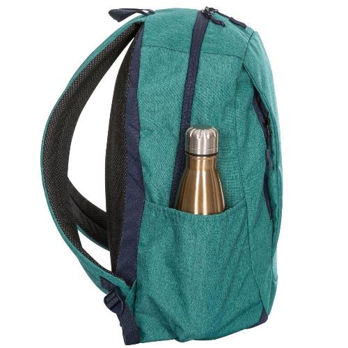 Side view of teal backpack with a water bottle in the elastic side pocket.