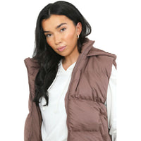 Ladies padded hooded gilet in brown with zip front and front pockets