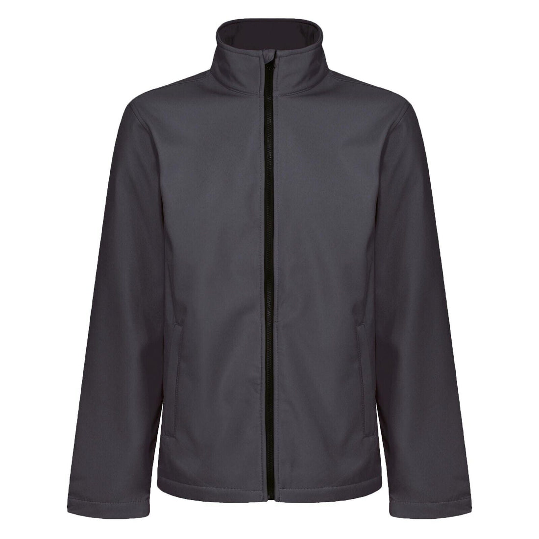 Grey softshell jacket with a stand collar, full-length front zipper and two zip pockets.