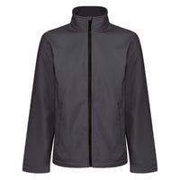 Grey softshell jacket with a stand collar, full-length front zipper and two zip pockets.