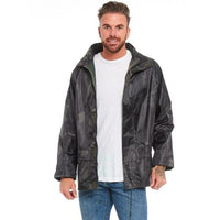 Dark camouflage waterproof jacket with a raised collar and front pockets