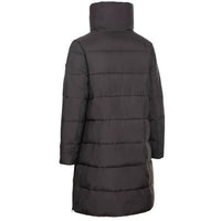 Women's puffer coat back view, high stand collar, dark charcoal, quilted padding.
