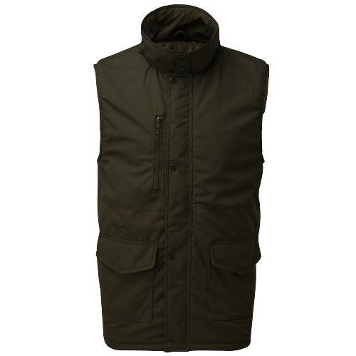 Olive quilted gilet with a high collar, front zip, and flap pockets