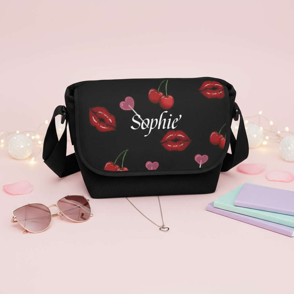 Canvas Messenger Bag, Crossbody Sling Bag, Dark Cherry Print Shoulder Satchel, Gift for Her