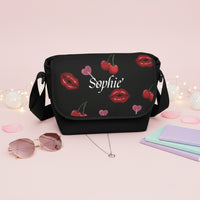 Black Canvas Messenger Bag | Personalized Dark Red Cherry Satchel