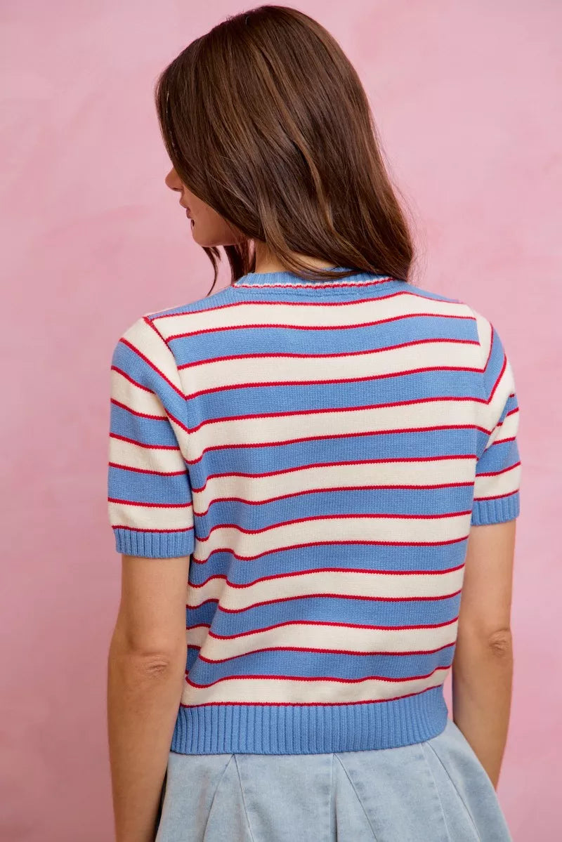 Back view of blue, red, and white striped knit crew neck short-sleeve sweater top