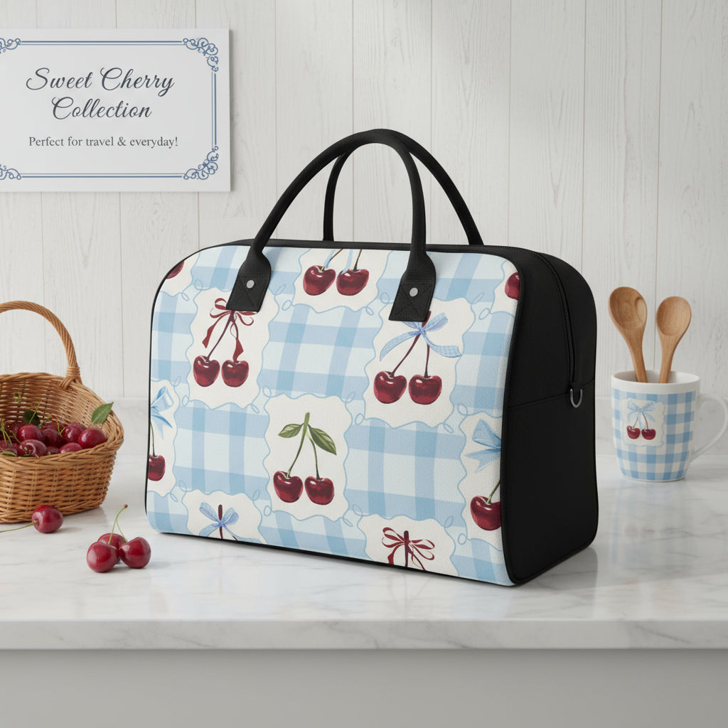 Weekender Bag, Personalized Cherry Blue Gingham Travel Case, Large Nylon Tote, Carry On Luggage